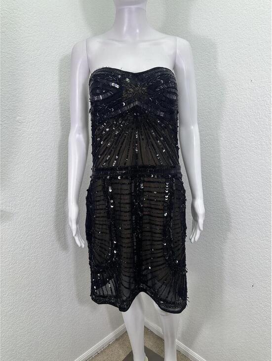 Dresses & Skirts - Sz L Sovage Black Beaded Sequin Strapless Flapper Dress Art Deco Gothic